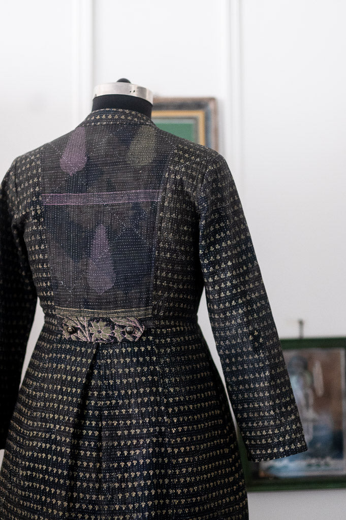 Rachel, Black Long jacket made with Vintage Kantha, Hand Embroidered, Large