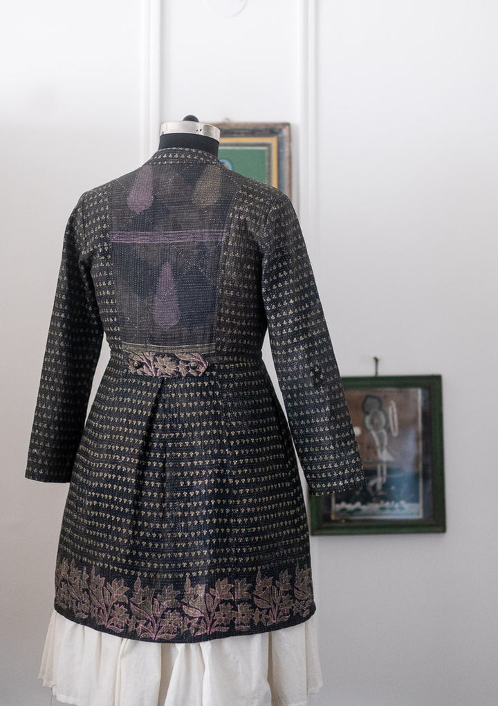 Rachel, Black Long jacket made with Vintage Kantha, Hand Embroidered, Large