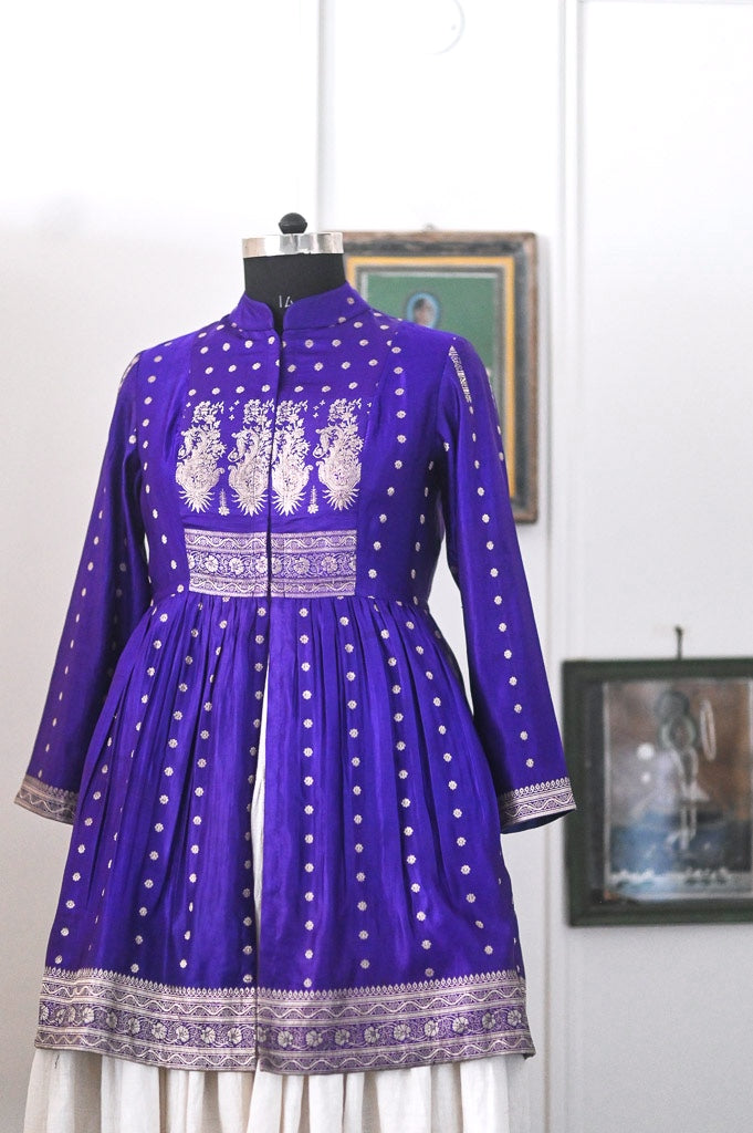 Devi, Vintage Zari Saree Up Cycled Long Jacket in Gold & Purple
