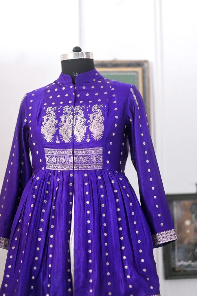 Devi, Vintage Zari Saree Up Cycled Long Jacket in Gold & Purple