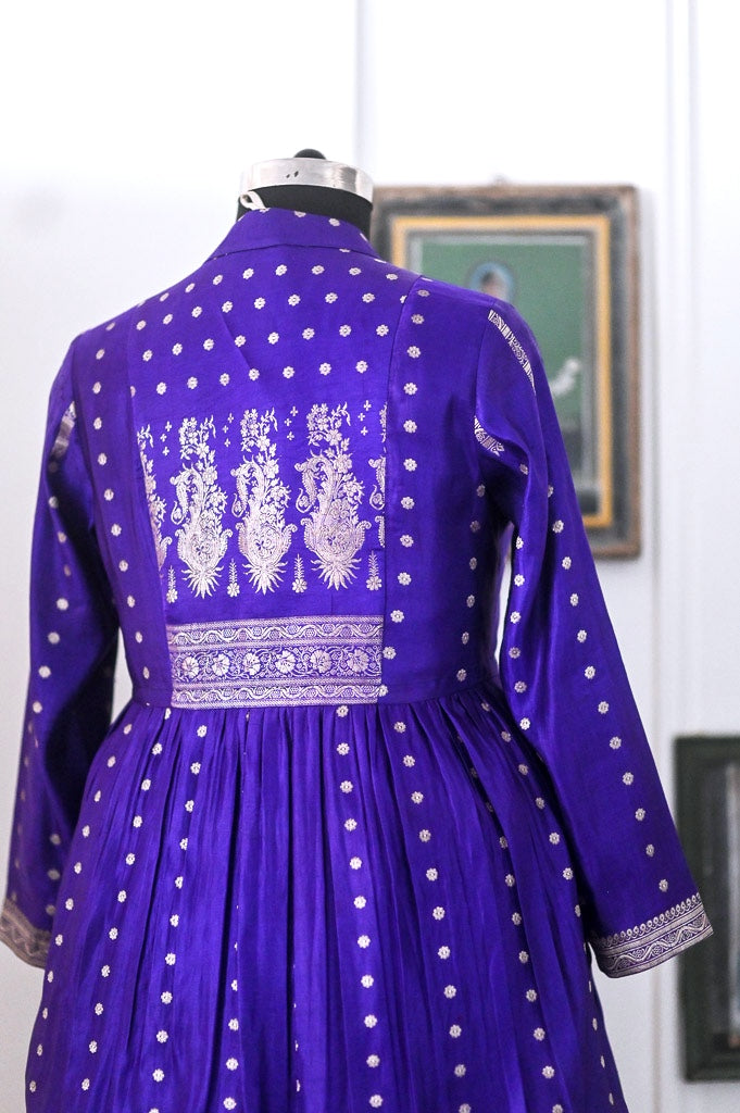 Devi, Vintage Zari Saree Up Cycled Long Jacket in Gold & Purple