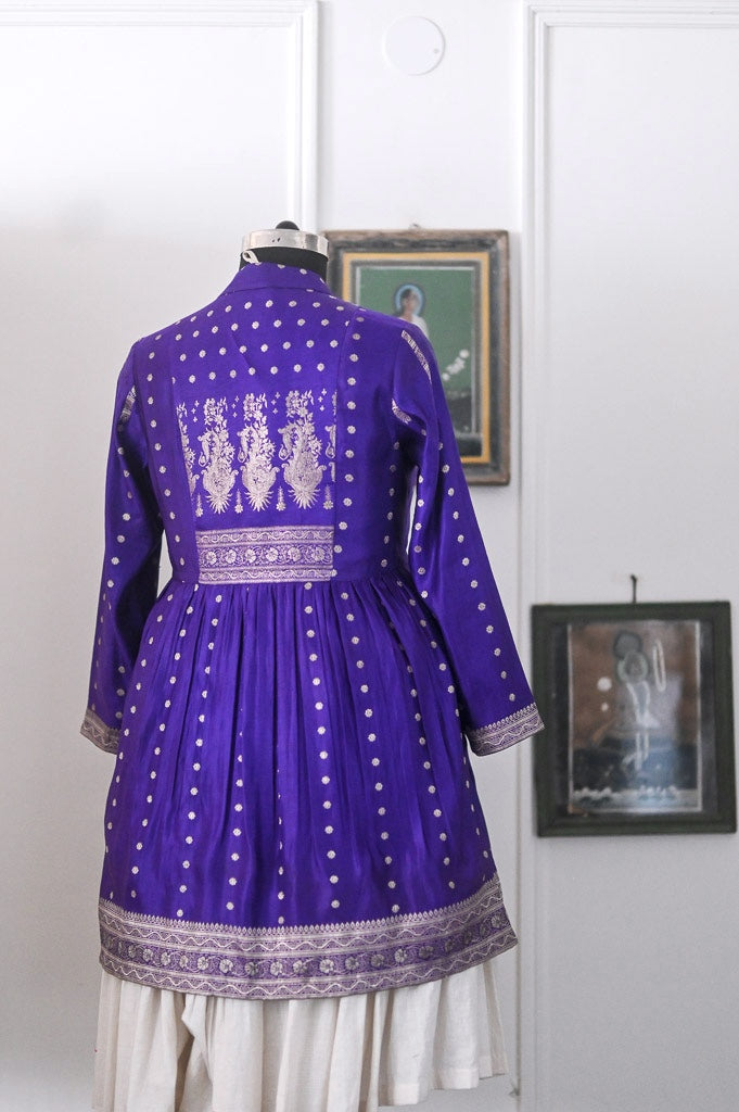 Devi, Vintage Zari Saree Up Cycled Long Jacket in Gold & Purple