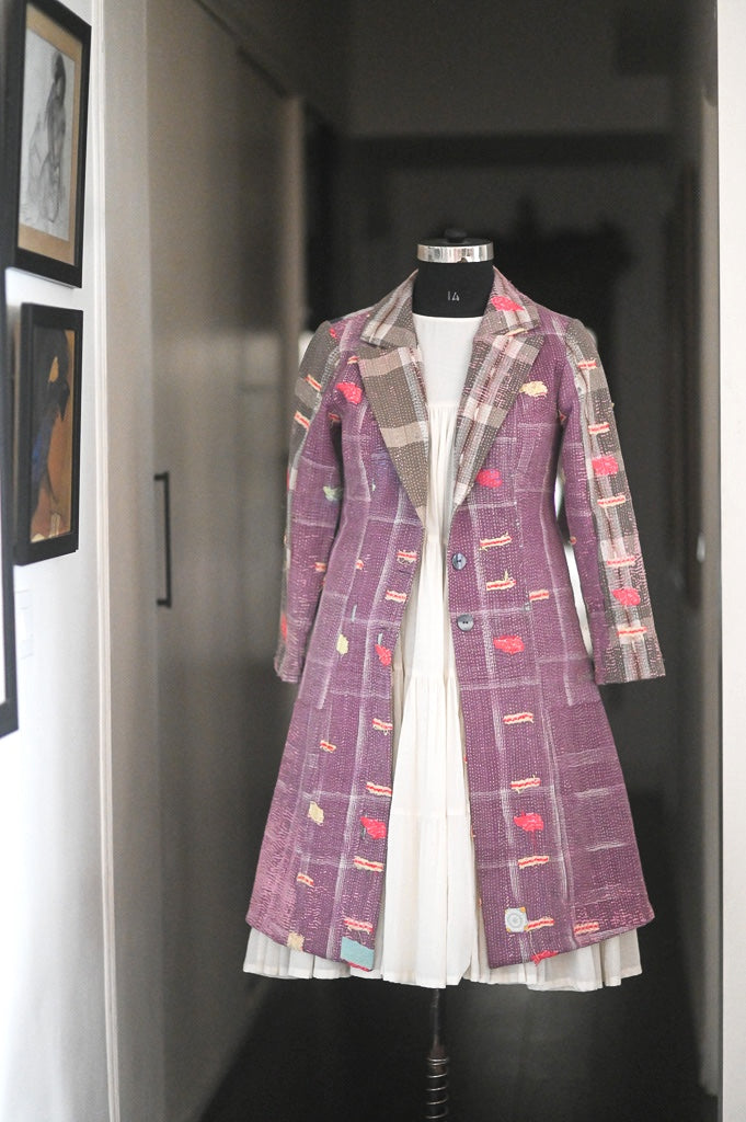 Vienna, distressed Look, Up Cycled Early 1900's Textile, Vintage Kantha Blazer L