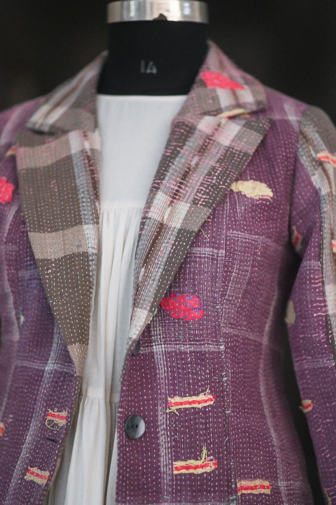 Vienna, distressed Look, Up Cycled Early 1900's Textile, Vintage Kantha Blazer L