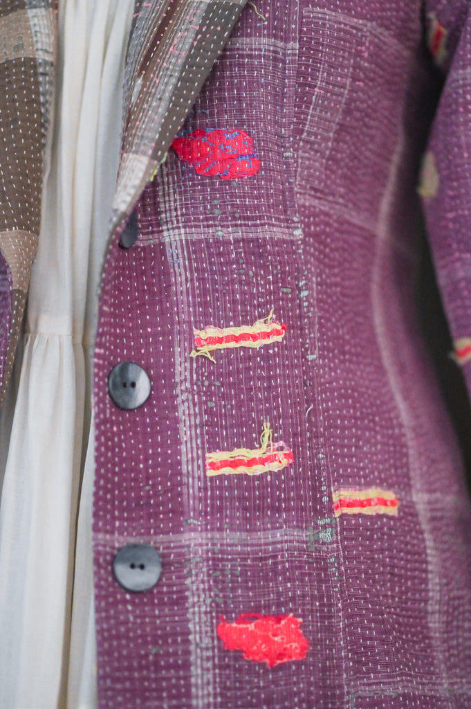 Vienna, distressed Look, Up Cycled Early 1900's Textile, Vintage Kantha Blazer L