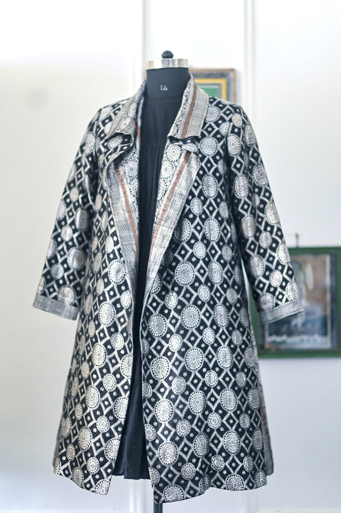 Jama 16, Long Robe Style Coat made with Vintage Zari Silk Full Sleeves, Medium