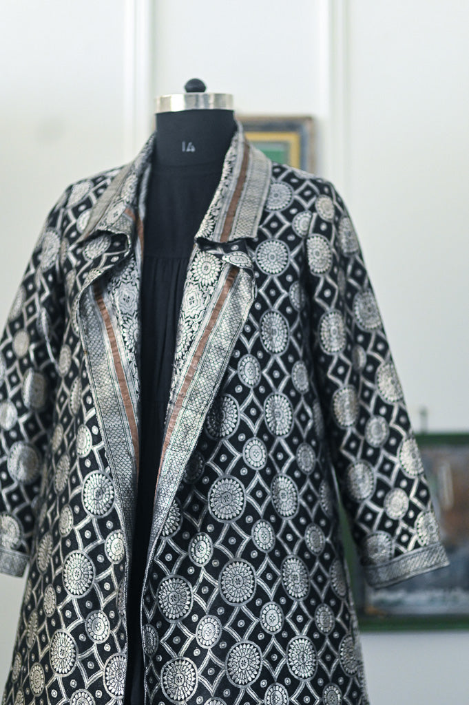 Jama 16, Long Robe Style Coat made with Vintage Zari Silk Full Sleeves, Medium