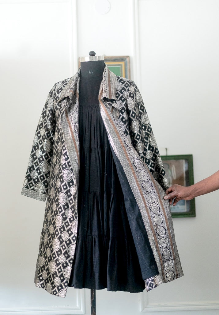 Jama 16, Long Robe Style Coat made with Vintage Zari Silk Full Sleeves, Medium