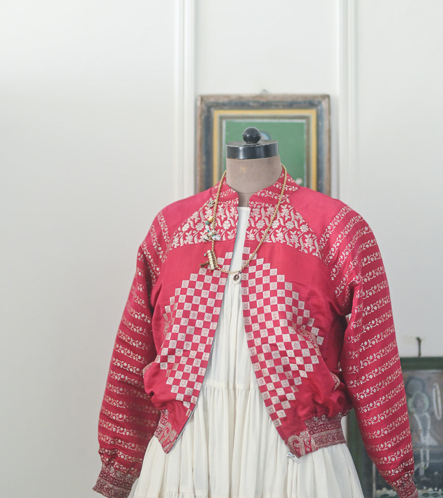 Ria, Katan Silk Vintage Zari Saree Up Cycled Bomber in Large, kinche RARE