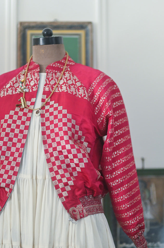 Ria, Katan Silk Vintage Zari Saree Up Cycled Bomber in Large, kinche RARE