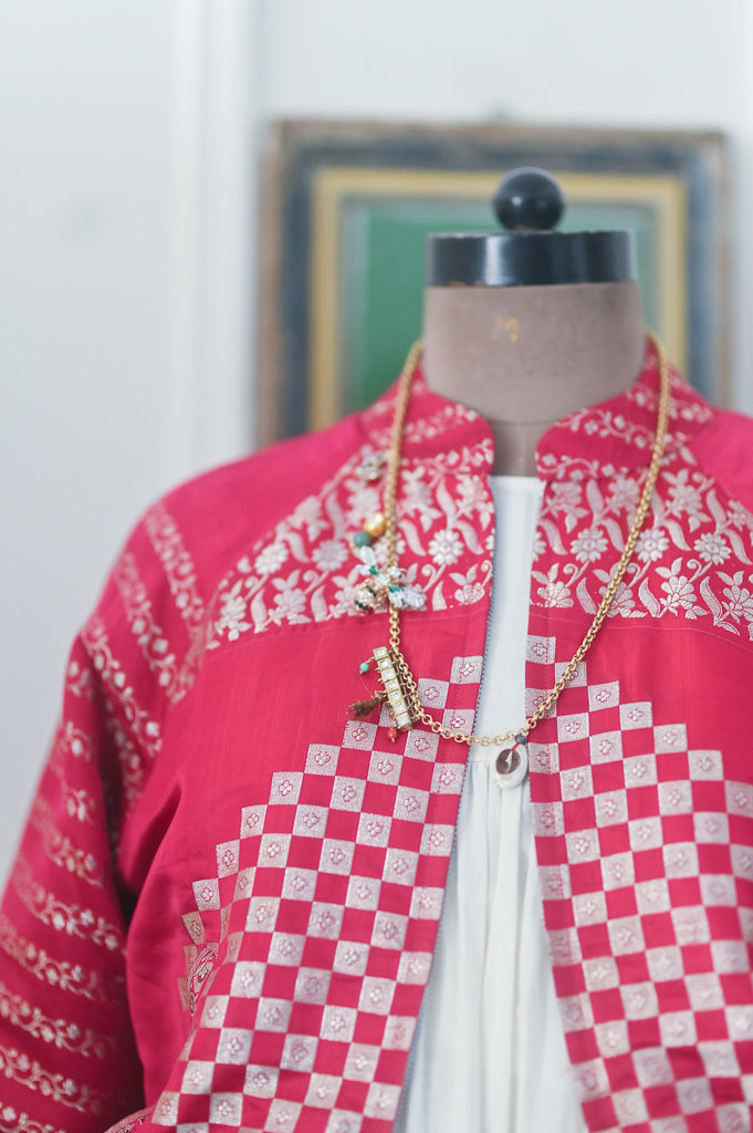 Ria, Katan Silk Vintage Zari Saree Up Cycled Bomber in Large, kinche RARE