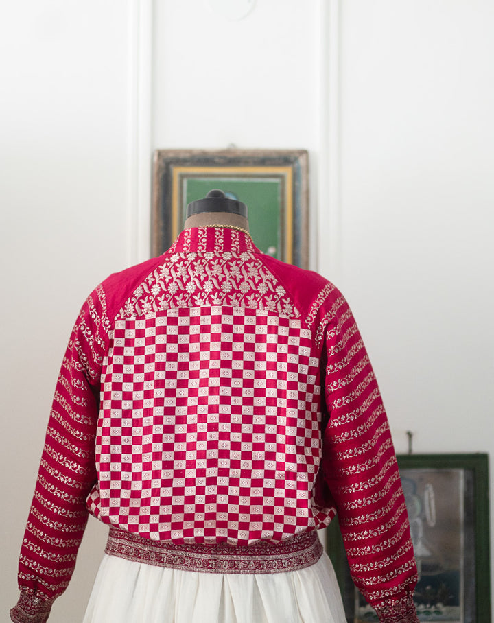 Ria, Katan Silk Vintage Zari Saree Up Cycled Bomber in Large, kinche RARE