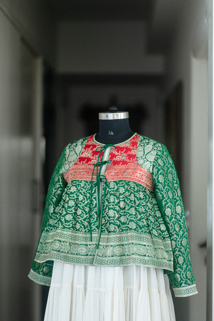 Neerja, Vintage Katan Silk and Zari Saree, Up Cycled Kedia Blouse in Medium, Large & X Large