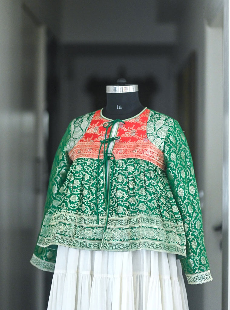 Neerja, Vintage Katan Silk and Zari Saree, Up Cycled Kedia Blouse in Medium, Large & X Large