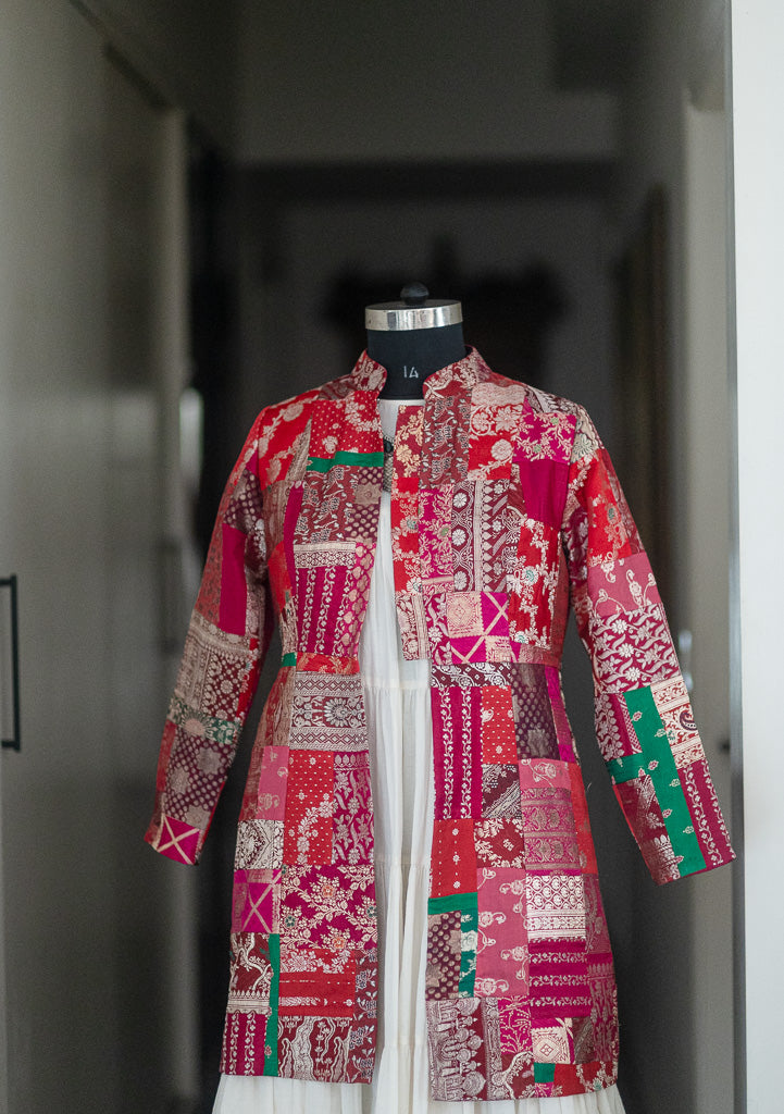 Large, Sangam 19, Patchwork, Brocade Silk  Saree, Up Cycled Long Jacket, Rare