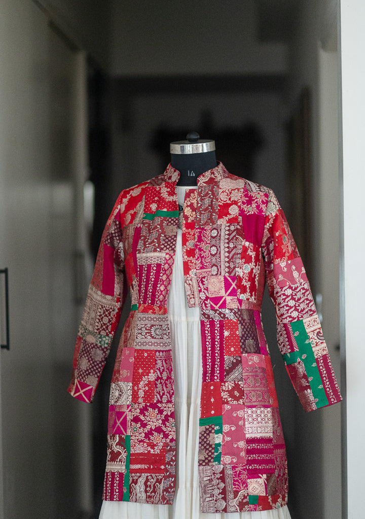 Large, Sangam 19, Patchwork, Brocade Silk  Saree, Up Cycled Long Jacket, Rare