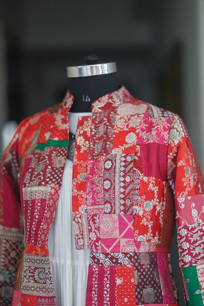 Large, Sangam 19, Patchwork, Brocade Silk  Saree, Up Cycled Long Jacket, Rare