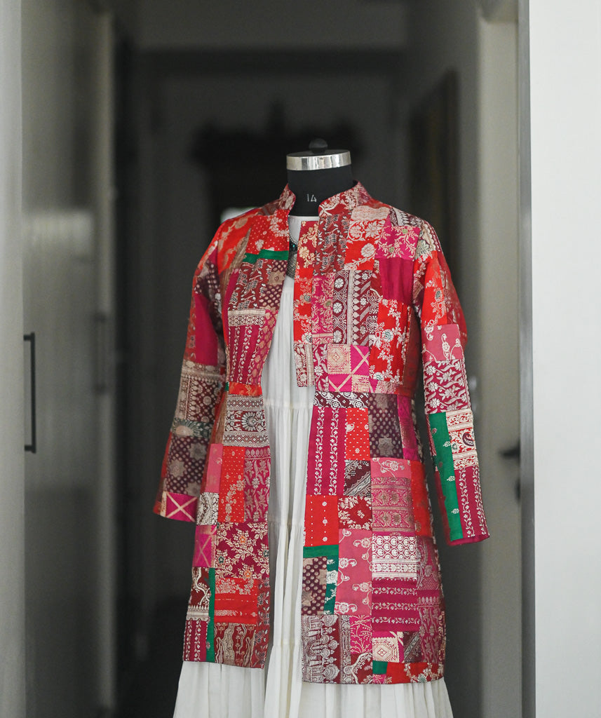 Large, Sangam 19, Patchwork, Brocade Silk  Saree, Up Cycled Long Jacket, Rare