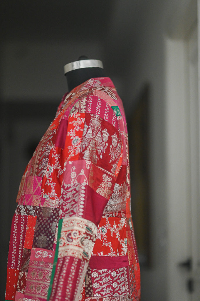 Large, Sangam 19, Patchwork, Brocade Silk  Saree, Up Cycled Long Jacket, Rare