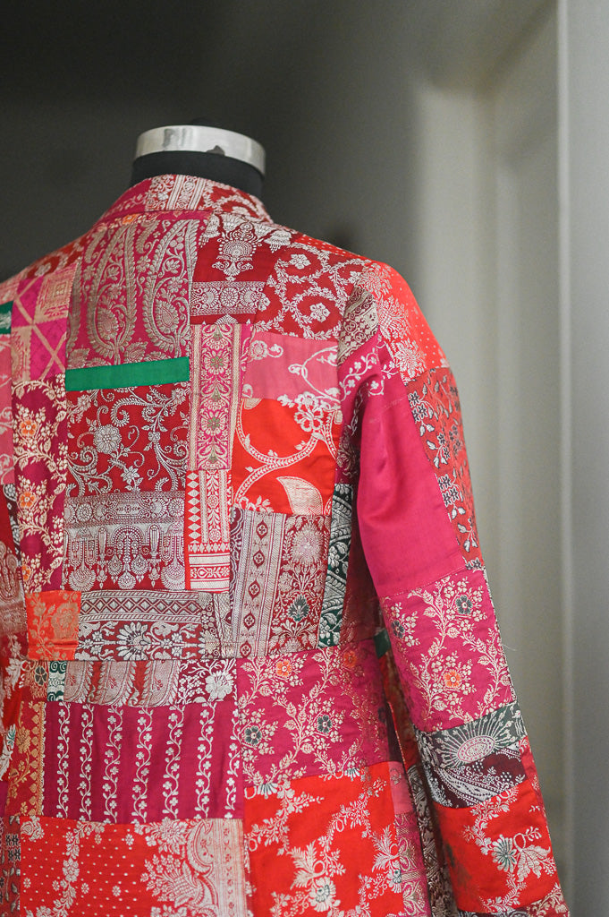 Large, Sangam 19, Patchwork, Brocade Silk  Saree, Up Cycled Long Jacket, Rare