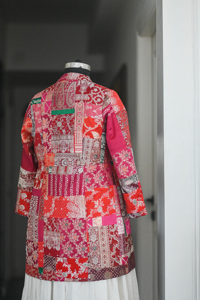 Large, Sangam 19, Patchwork, Brocade Silk  Saree, Up Cycled Long Jacket, Rare