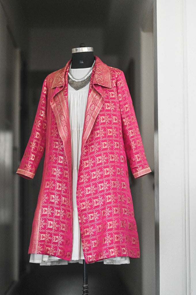 Jama 24, Long Robe Style Coat made with Vintage Zari Silk in  Fuschia & Bronze Zari, Large