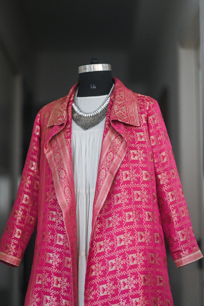 Jama 24, Long Robe Style Coat made with Vintage Zari Silk in  Fuschia & Bronze Zari, Large