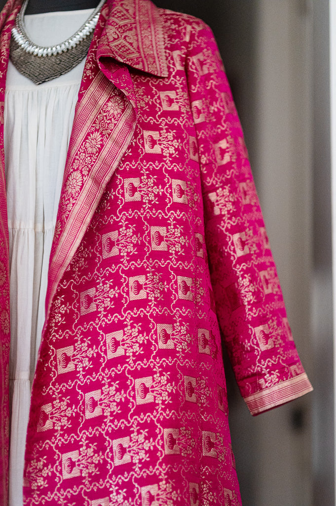 Jama 24, Long Robe Style Coat made with Vintage Zari Silk in  Fuschia & Bronze Zari, Large