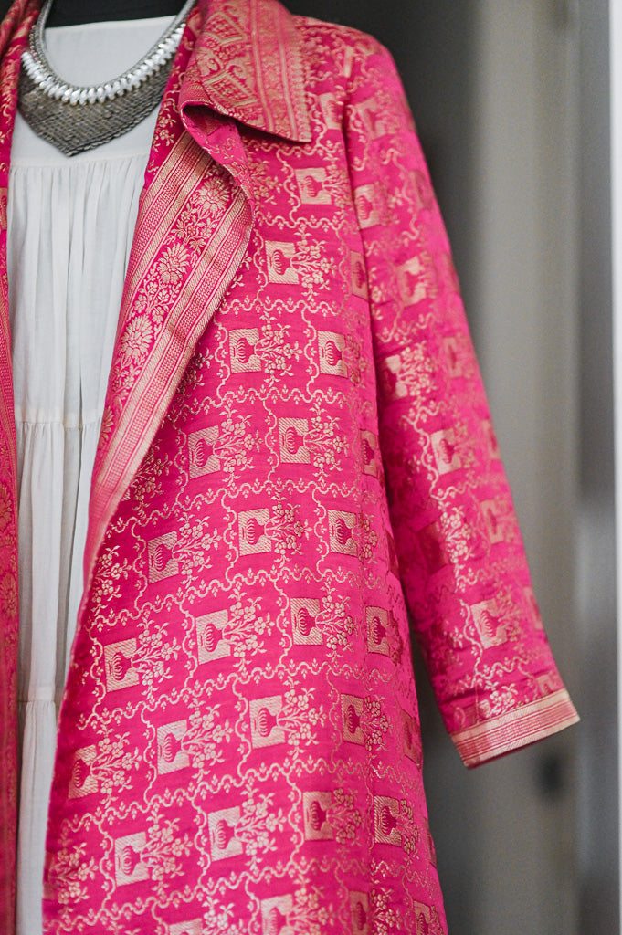 Jama 24, Long Robe Style Coat made with Vintage Zari Silk in  Fuschia & Bronze Zari, Large
