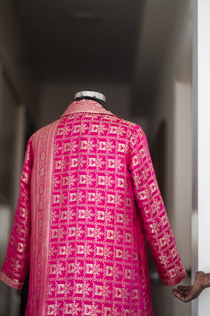 Jama 24, Long Robe Style Coat made with Vintage Zari Silk in  Fuschia & Bronze Zari, Large