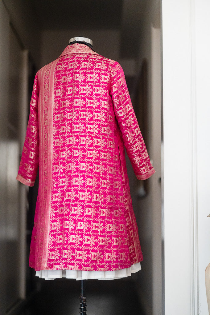 Jama 24, Long Robe Style Coat made with Vintage Zari Silk in  Fuschia & Bronze Zari, Large