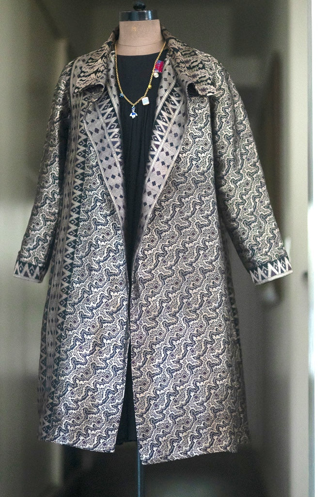 Jama 27, Long Robe Style Coat made with Vintage Zari Silk in Black & Silver Zari, XL