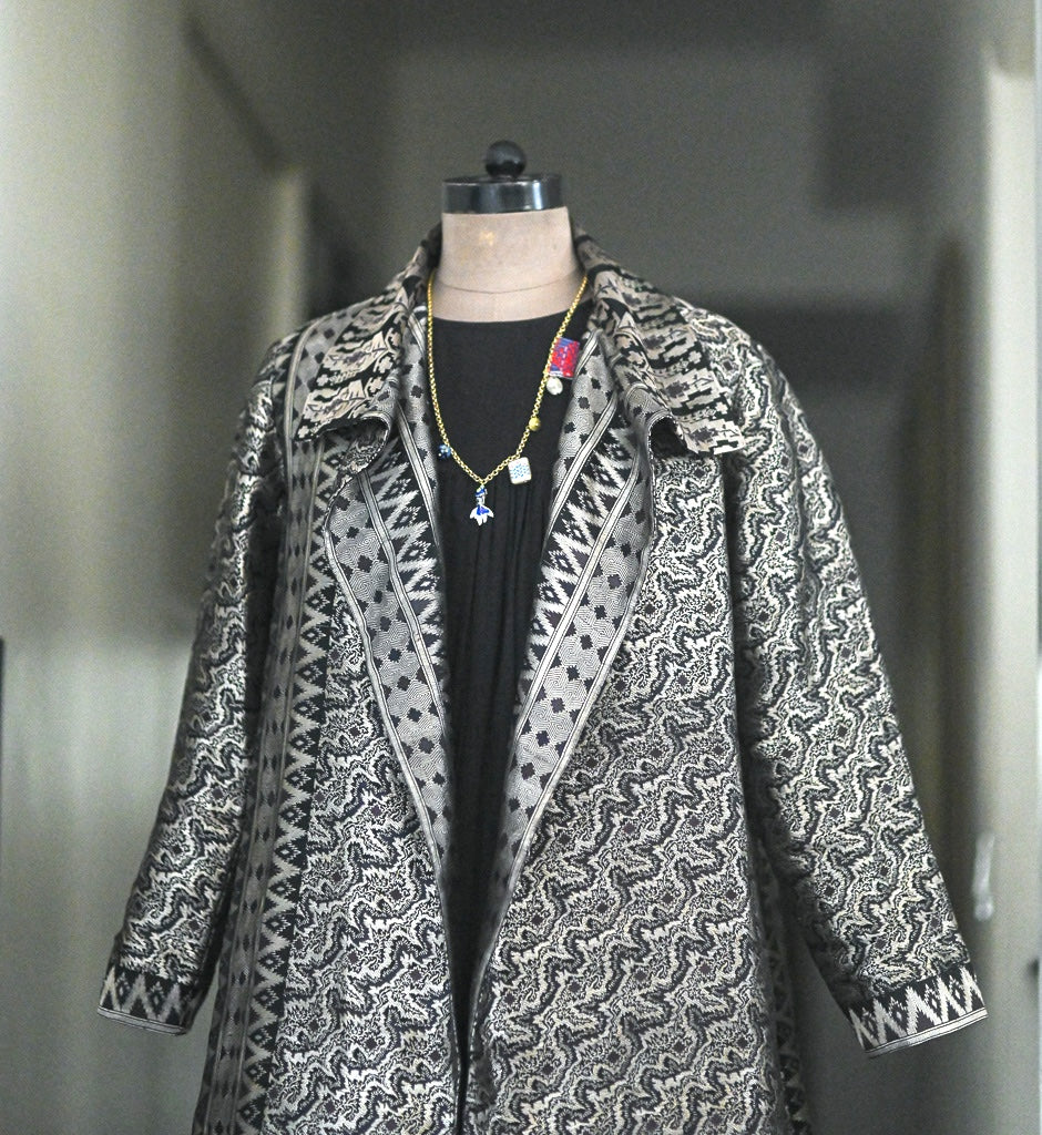 Jama 27, Long Robe Style Coat made with Vintage Zari Silk in Black & Silver Zari, XL