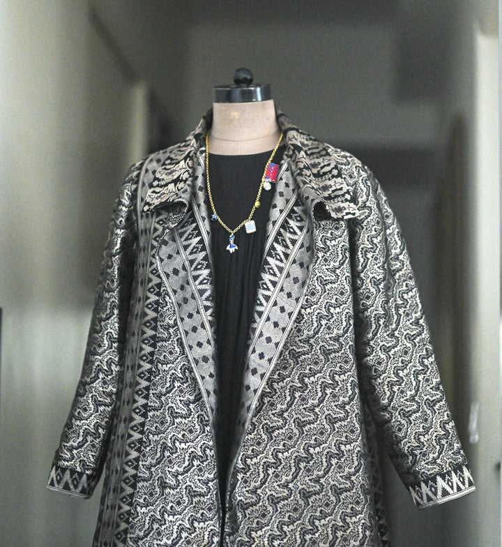 Jama 27, Long Robe Style Coat made with Vintage Zari Silk in Black & Silver Zari, XL