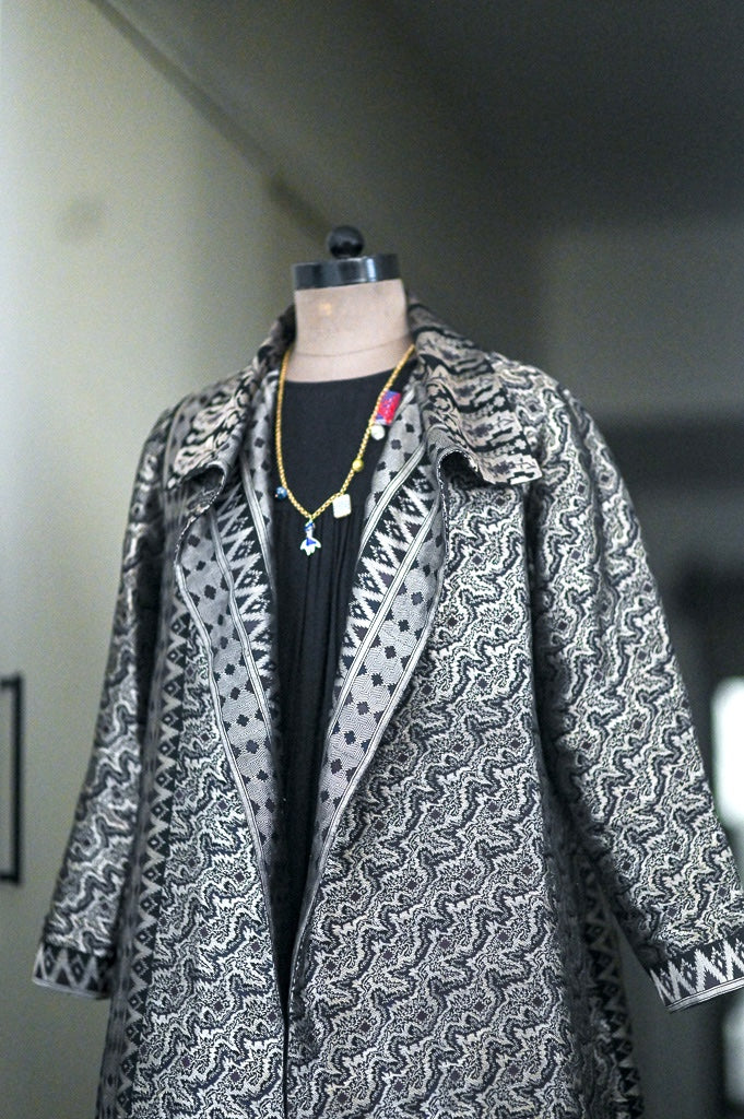 Jama 27, Long Robe Style Coat made with Vintage Zari Silk in Black & Silver Zari, XL