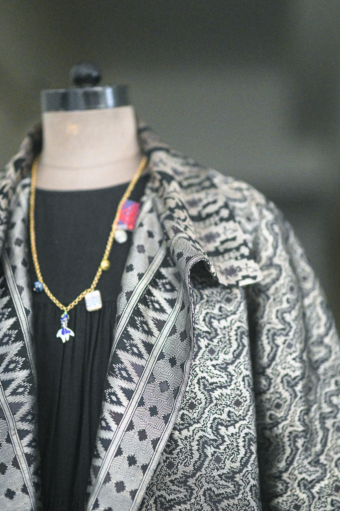 Jama 27, Long Robe Style Coat made with Vintage Zari Silk in Black & Silver Zari, XL