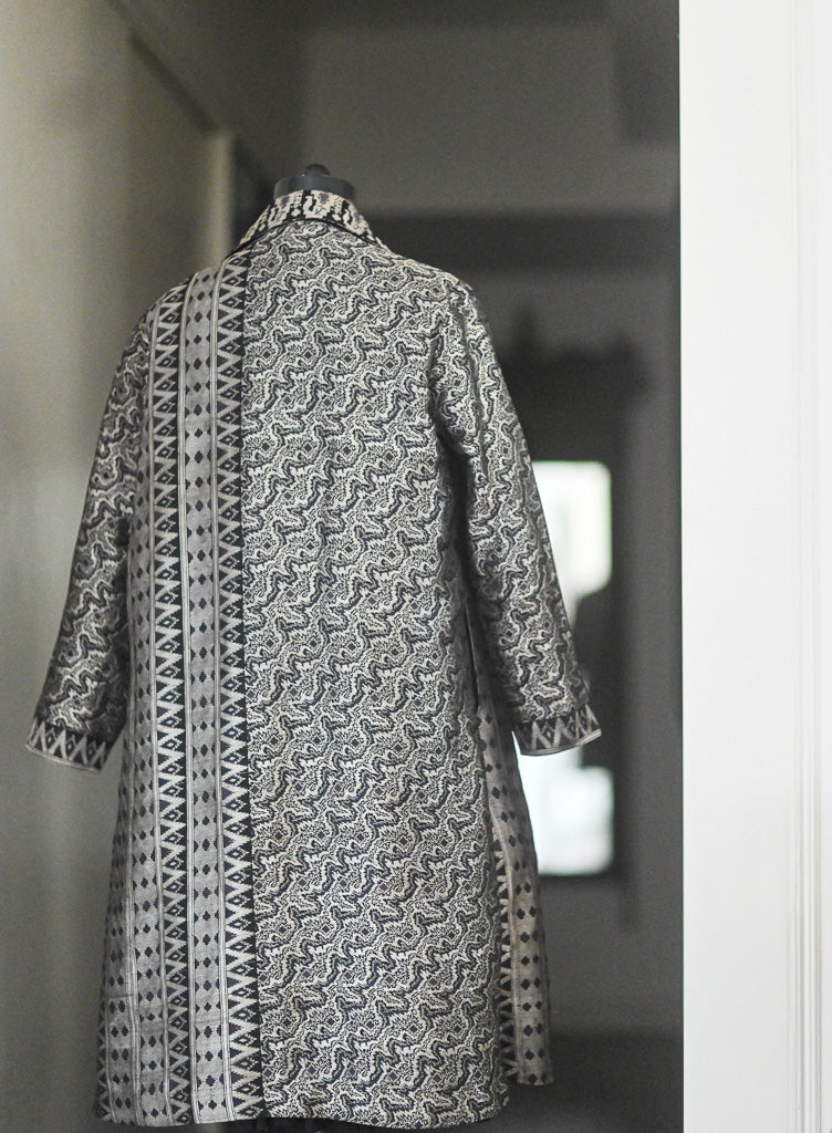 Jama 27, Long Robe Style Coat made with Vintage Zari Silk in Black & Silver Zari, XL