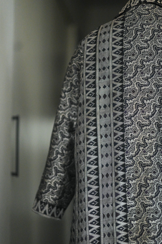 Jama 27, Long Robe Style Coat made with Vintage Zari Silk in Black & Silver Zari, XL