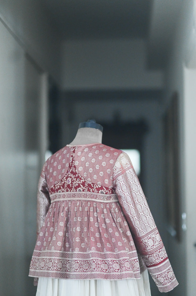 Fatima, Vintage Zari Saree Up Cycled Kedia Blouse in Deep Red, Medium - kinchecom