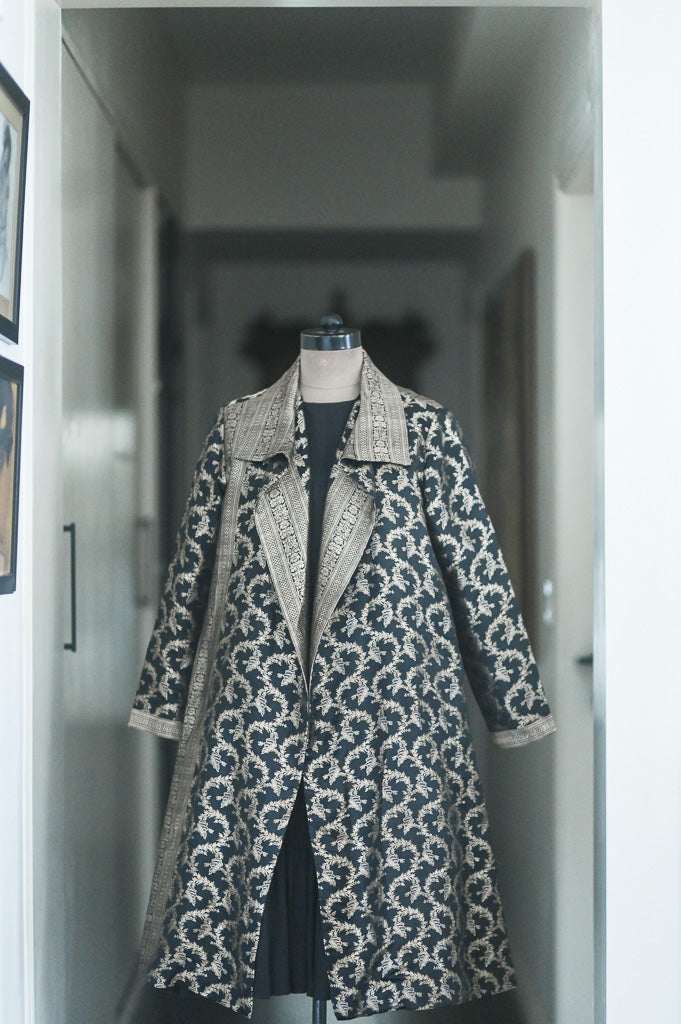 Jama 32, Long Robe Style Coat made with Vintage Zari Silk in Black & Gold