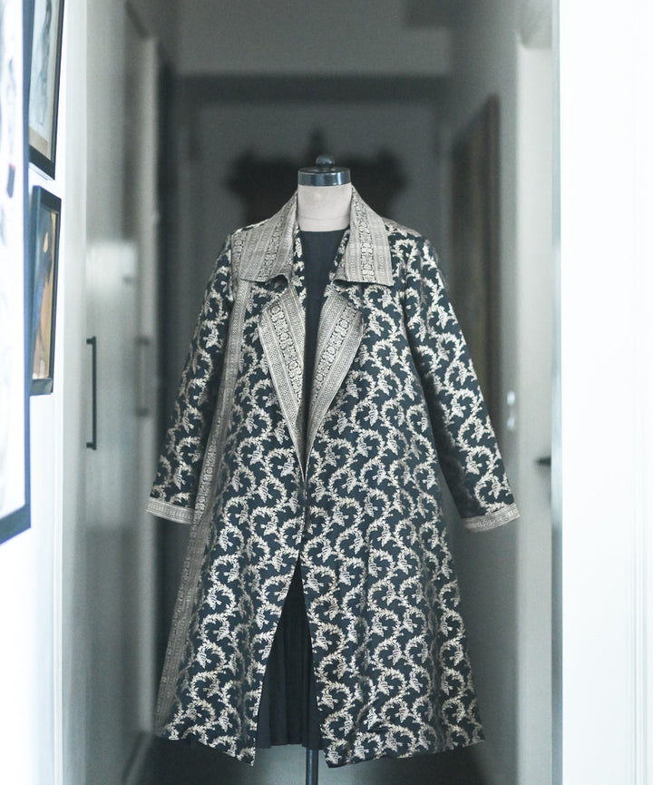 Jama 32, Long Robe Style Coat made with Vintage Zari Silk in Black & Gold