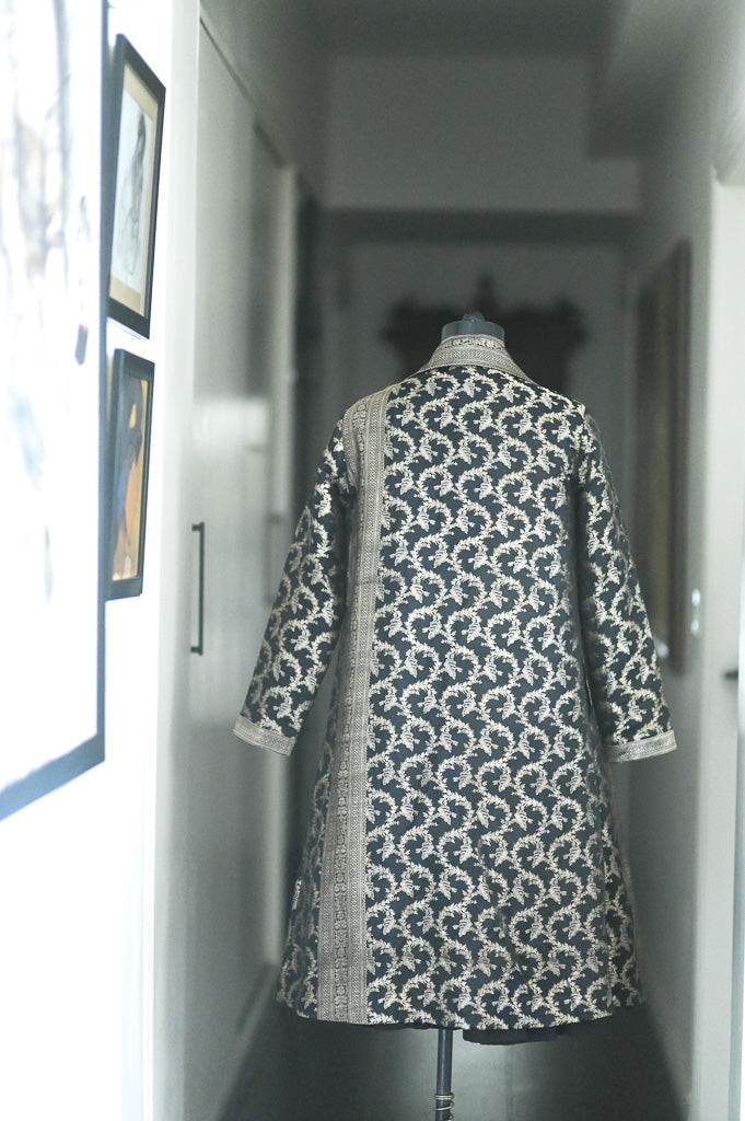 Jama 32, Long Robe Style Coat made with Vintage Zari Silk in Black & Gold