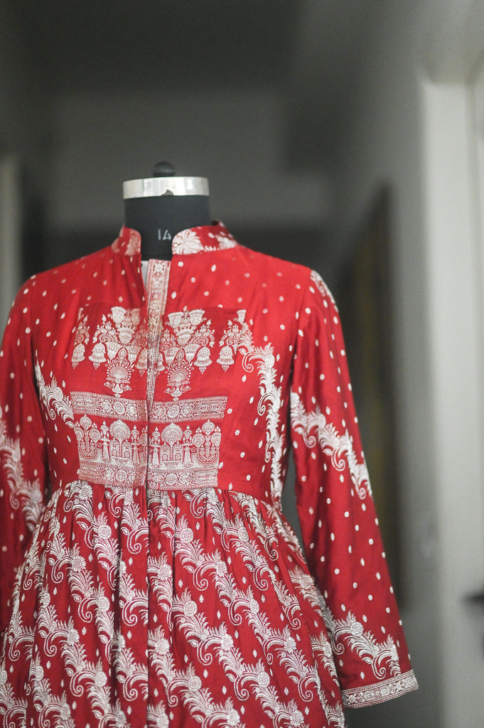 Maira, Vintage Zari Long Jacket in Deep Red and Gold, Large