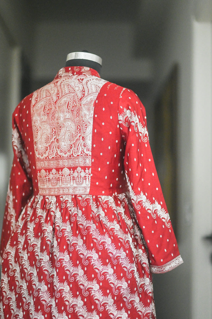 Maira, Vintage Zari Long Jacket in Deep Red and Gold, Large