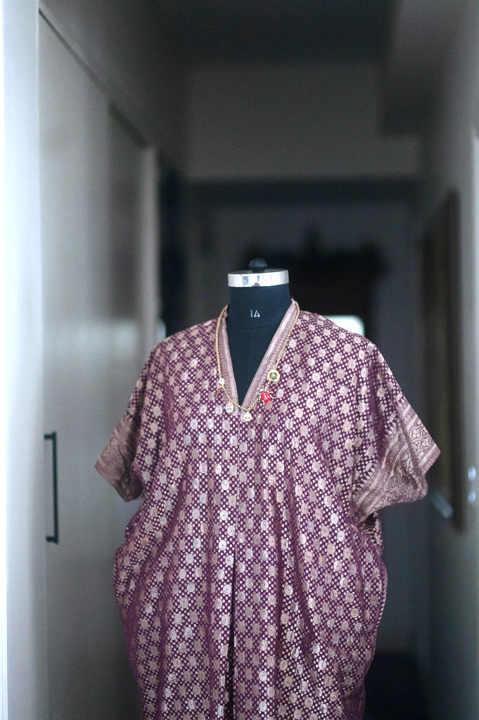 Huda, Violet & Gold Zari Kaftan in Size Large, made with Vintage Zari Saree - kinchecom