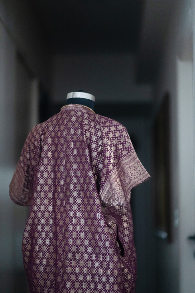 Huda, Violet & Gold Zari Kaftan in Size Large, made with Vintage Zari Saree - kinchecom