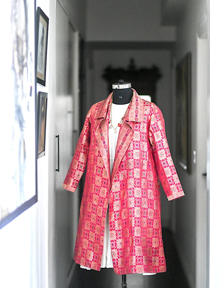 Jama 33, Long Robe Style Coat made with Vintage Zari Silk in Fuschia, XL - kinchecom