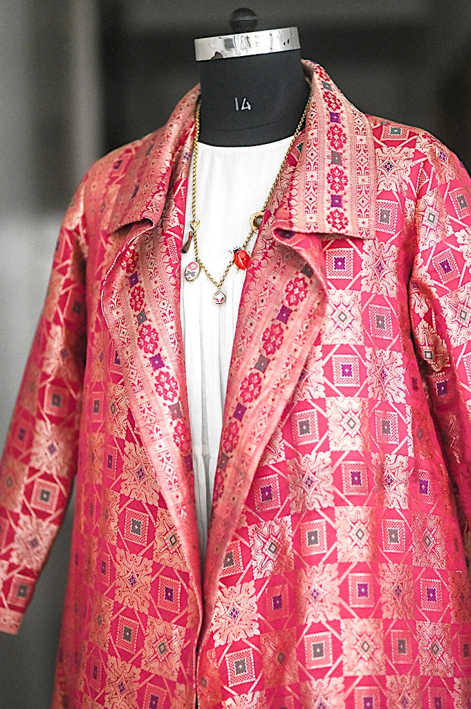 Jama 33, Long Robe Style Coat made with Vintage Zari Silk in Fuschia, XL - kinchecom