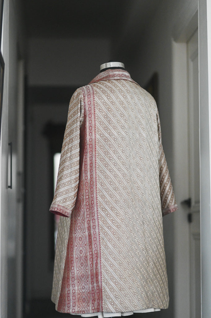 Jama 35, Long Robe Style Coat made with Vintage Zari Silk in Champagne and Red, XXL - kinchecom