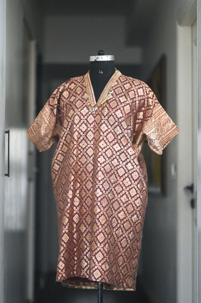 Arfa, Vintage Zari Kaftan Dress in Brown & Gold, Large - kinchecom